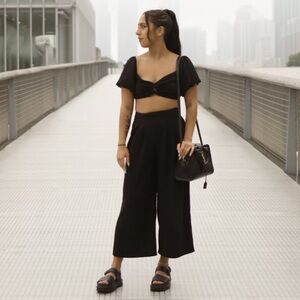 Pleated Wide Leg Ankle Pant Trouser